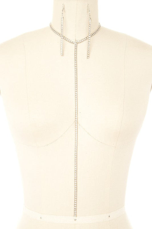 Rhinestone Long Drop Necklace Set