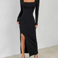 Square Neck Long Sleeve Slit : Bodycon Maxi Dress