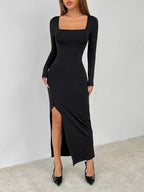 Square Neck Long Sleeve Slit : Bodycon Maxi Dress