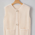 White Solid Textured Knit Side Pockets Buttoned Sweater Vest