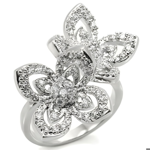 0W336 - Rhodium Brass Ring with AAA Grade CZ  in Clear