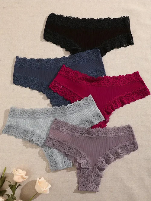 5Pcs/set Women Cotton Panties Floral Lace Intimate Underwear Trendy