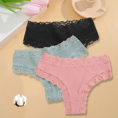 3PCS/Set Women Sexy Lace Panties Cotton Seamless Brazilian Panties