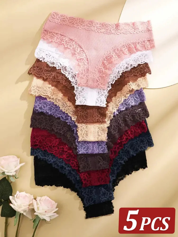 5Pcs/set Women Cotton Panties Floral Lace Intimate Underwear Trendy