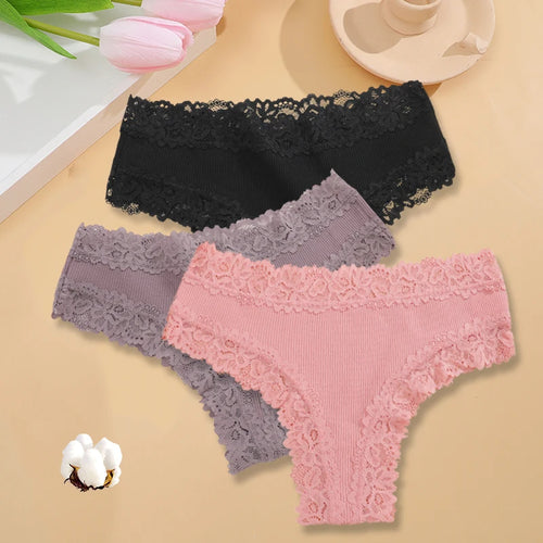 3PCS/Set Women Sexy Lace Panties Cotton Seamless Brazilian Panties