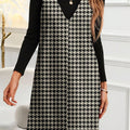 Khaki Houndstooth Print V Neck Sleeveless Mini Dress