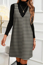 Khaki Houndstooth Print V Neck Sleeveless Mini Dress