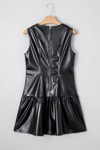 Black Faux Leather Ruffle Hem Sleeveless Mini Dress
